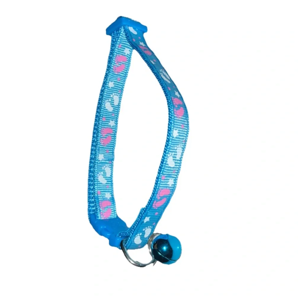 Pet Collar w/Bell Blue Pink/White Baby Foot Print Design Adjustable SM-MD NEW